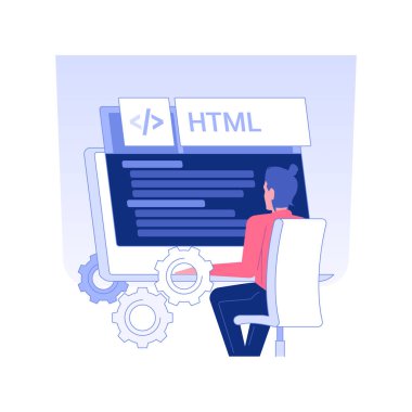 HTML izole konsept vektör illüstrasyonunu kodluyor. Web sitesi, bilişim şirketi, gömülü resimler ve videolar için HTML kodlaması kullanan geliştirici, formlar oluşturur, programlama dili konsepti.