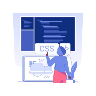 CSS kodu izole konsept vektör çizimi. Tasarım web sayfası oluşturan geliştirici, yazı tipleri ve renkler ekliyor, bilişim şirketi çalışanı, programlama ve kodlama, ön uç geliştirme vektörü.