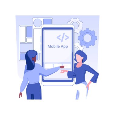 Mobil uygulamalar geliştirme izole edilmiş konsept vektör çizimi. Meslektaşlar yeni mobil uygulama, bilişim şirketi, arka uç geliştirme, yazılım mühendisliği, prototip fikir vektör kavramı oluşturuyorlar.