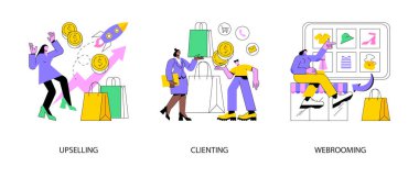 Pazarlama ve satış soyut konsept vektör illüstrasyon seti. Yükseltme ve tırmanma, webrooming ve dijital ürün araştırması, müşteri motivasyonu, müşteri sadakati, e-ticaret soyut metafor.