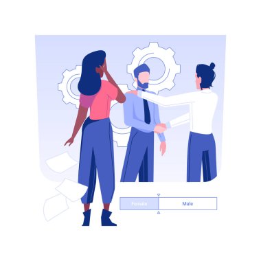 İş yerinde cinsiyet ayrımcılığı, izole edilmiş konsept vektör çizimi. Kadın kendini işte yalnız hissediyor, cinsiyet ayrımcılığı, insan kaynakları, personel bulma fikri, kariyer vektörü kavramının peşinde..