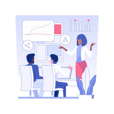 Yaratıcı fikir sunumu, izole edilmiş konsept vektör illüstrasyonu. Reklam ajansı çalışanı kampanya fikrini müşterilere sundu, iş tanıtım stratejisi, dijital pazarlama vektörü kavramı.