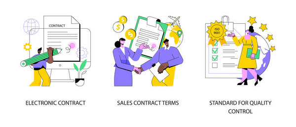 Business agreement abstract concept vector illustration set. Electronic contract, sales contract terms, standard for quality control, payment terms and conditions, certification abstract metaphor.