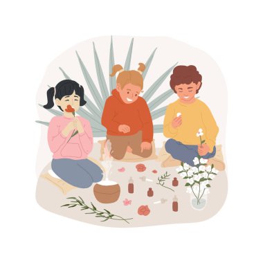 Aromaterapi izole edilmiş karikatür vektör çizimi. Otizm çocukları için dinlenme odası, aromaterapi seansı, özel ihtiyaçları olan çocuklar, sakinleştirme aktivitesi, günlük bakım merkezi vektör karikatürü..