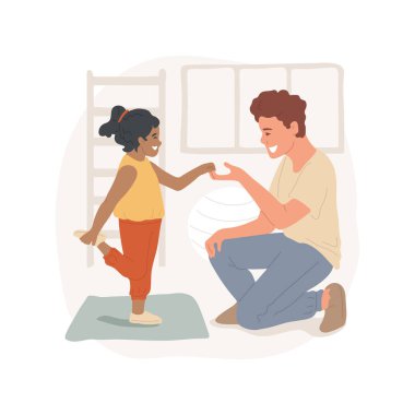 İzole edilmiş karikatür vektör çizimi geriliyor. Çocuk basit esneme hareketleri, çocuklar için yoga dersleri, fiziksel egzersiz, motor aktivitesi, otizm kreşi, rehabilitasyon vektör karikatürü.