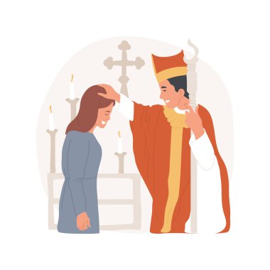 İzole edilmiş karikatür vektör illüstrasyonunu doğrula. Katolik kilise sürecinin teyidi, kadın inancı kabul ediyor, kutsal günler, ruhani gözlemler ve vektör karikatürü uyguluyor..