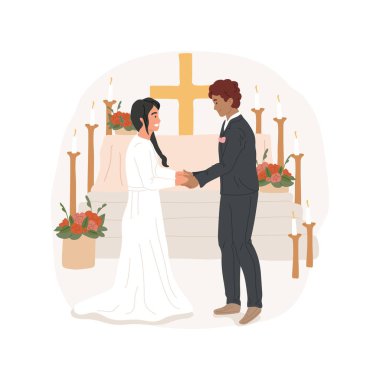 Evlilik, karikatür vektör çizimi. Katolik kilisesinde evlilik, dindar mutlu çift, kutsal günler, geleneksel gözlemler ve uygulamalar, evlilik vektör karikatürü ayini..