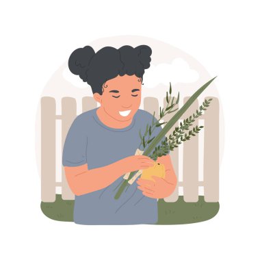 Sukkot karikatür vektör illüstrasyonunu izole etti. Sukkot kutlaması için hazırlanan küçük Yahudi kızı, Toplanma Bayramı, dini Yahudilik gelenekleri, hac festivali vektör karikatürü.