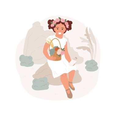 Shavuot izole edilmiş karikatür vektör çizimi. Yahudi kız Shavuot kutlaması için hazırlanıyor, elinde meyve sepeti, dini hac festivalleri, kutsal günler vektör karikatürü.