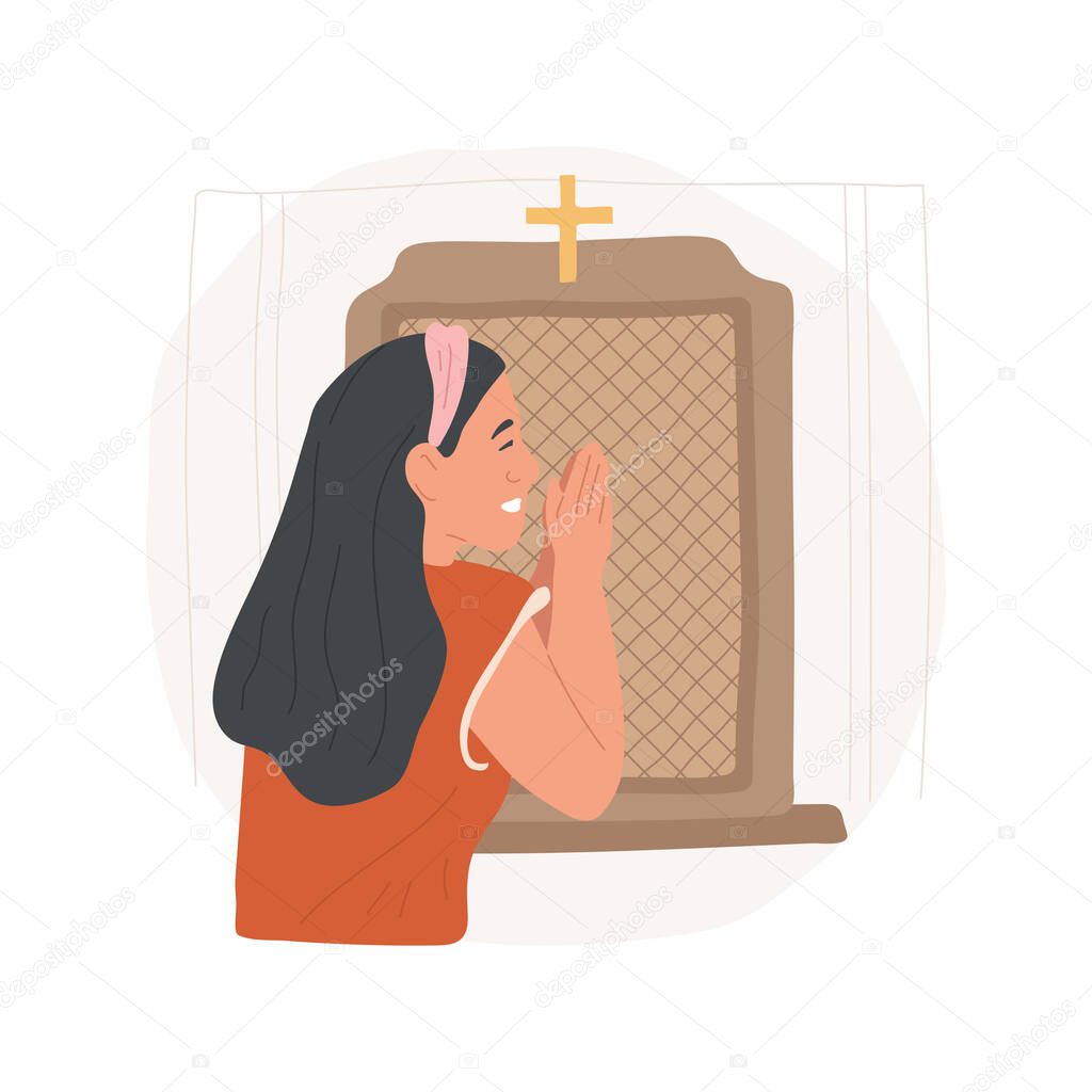 Penance isolated cartoon vector illustration. Woman penancing in the Confession booth, making Catholic observances and practices, religious Holy days, salvation sacraments vector cartoon.
