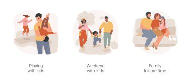 Çocuklarla boş vakit geçirmek, izole edilmiş çizgi film vektör çizimi. Ebeveynler çocuklarla oynuyor, birlikte eğleniyorlar, hafta sonunu çocuklarla geçiriyorlar, aile eğlenceleri, ev vektörü çizgi filminde rahatlıyorlar..