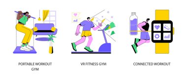 Spor yaşam tarzı soyut konsept vektör çizimi. Taşınabilir spor salonu, VR fitness, bağlı egzersiz sistemi, evde çalışma sistemi, sanal gerçeklik eğitim oturumu, akıllı spor salonu soyut metaforu.