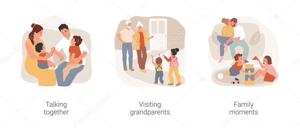 Family happy moments isolated cartoon vector illustration set. Family members talking together, sitting in living room, visiting grandparents, happy grandchildren, good moments vector cartoon.