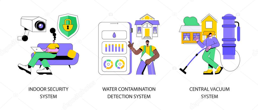 Home comfort and security abstract concept vector illustration set. Indoor security system, water contamination detection, central vacuum installation, smart home sensor, door lock abstract metaphor.