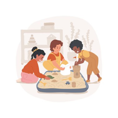 Kumdan izole edilmiş çizgi film çizimi ile oynuyorum. Çocuk kum, kinetik oyun alanı, iyi motor beceriler, parmak geliştirme, erken eğitim, fiziksel aktivite vektör karikatürü ile oynar.