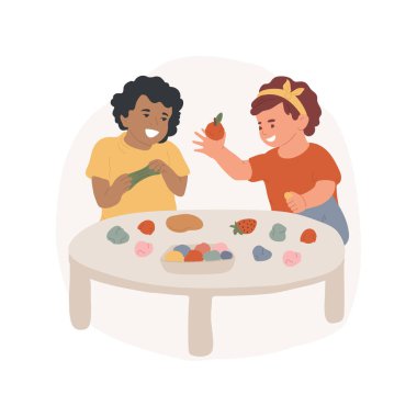 Oyun hamuru modelleme izole edilmiş çizgi film çizimi. Çocuk balçıkla oynuyor, oyun hamuru, modellik sınıfı, anaokulu ve anaokulu aktivitesi, iyi motor becerili vektör çizgi filmi ile nesne yapıyor..