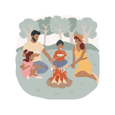 Kızarmış marşmelov izole edilmiş çizgi film çizimi. Aileler ve çocuklar kamp ateşinde lokum pişiriyor, kamp faaliyetleri, aile seyahatleri, şiş vektör karikatüründe tatlı kızartıyorlar..