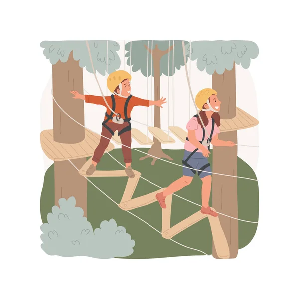 ツリーロープコース孤立した漫画のベクトルイラスト 家族旅行 空中障害物コース 森林アドベンチャーパーク 子供たちはヘルメットベクトル漫画を着て 高い木の上のロープを歩く — ストックベクタ