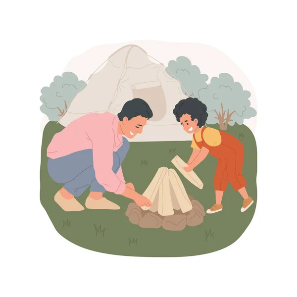 Build Campfire Isolated Cartoon Vector Illustration Son Father Making Campfire — Stock Vector