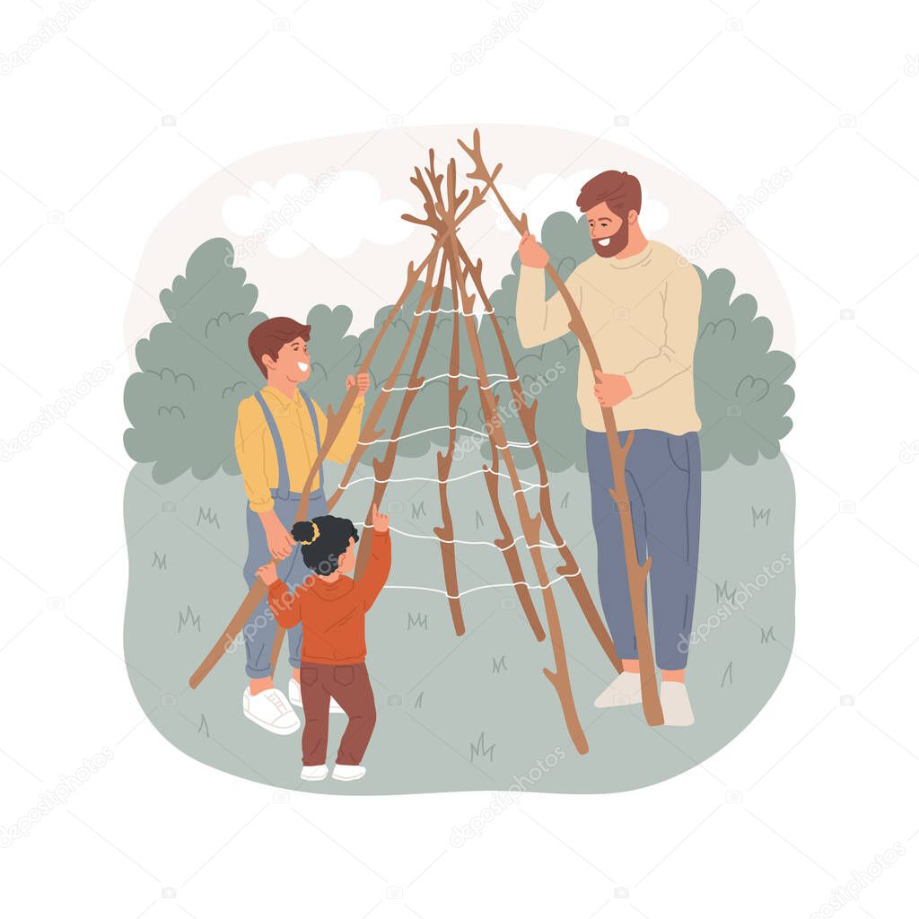 Branch teepee isolated cartoon vector illustration. Father with kids building teepee of branches, campsite activity, family camping adventure, summer holiday, hut for children vector cartoon.