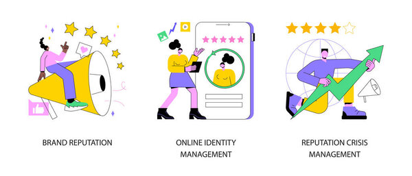 Деловые связи с общественностью Абстрактный набор векторных иллюстраций концепции. Репутация бренда, управление онлайн-идентичностью, антикризисное управление репутацией, присутствие продукта, абстрактная метафора социальных сетей.