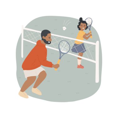 Badminton karikatür vektör illüstrasyonunu izole etti. Ebeveyn ve çocuk birlikte badminton oynuyorlar, piknik aktiviteleri, ellerinde raket olan aile üyeleri, bir mekik horozu çizgi filmi çekiyorlar..