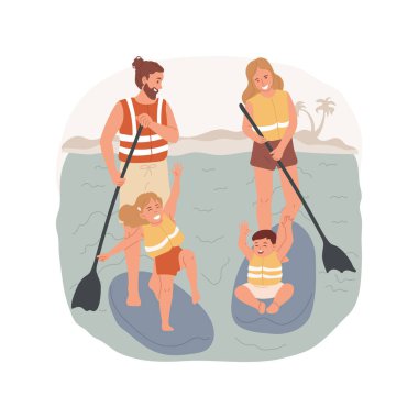 Paddleboard karikatür vektör çizimini izole etti. Gölde kürek çeken aile, yaz tatili aktiviteleri, çocuklar ve ebeveynler, can yeleği çizgi filmi giyiyorlar..