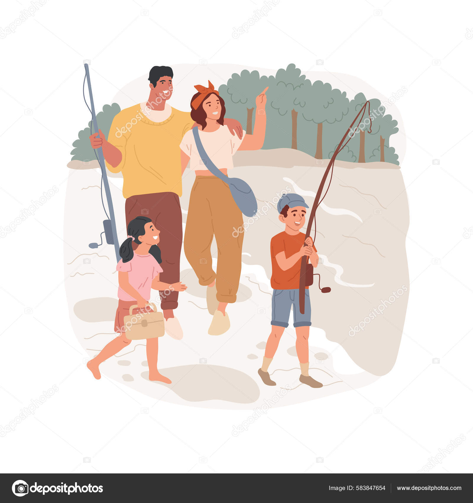 Pescar Ilustração Vetorial Cartoon Isolado Família Caminhando Longo Costa  Segurando Vetor de ©Vector-Juice 583847654