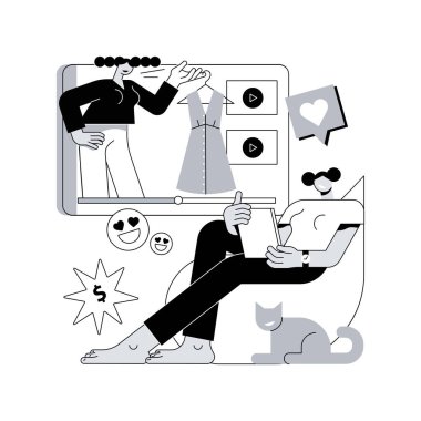 Moda blogu soyut konsept vektör çizimi. Moda video blogu, alışveriş çılgınlıkları, sosyal medya blogları, marka tanıtımı, stil uzmanı, etkili pazarlama, en son eğilimler soyut metafor.