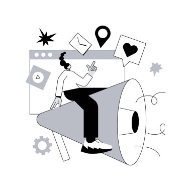 Halkla İlişkiler konsept vektör çizimi. Halkla ilişkiler servisi, tanıtım stratejisi, site ögesi, menü çubuğu, kurumsal etkinlik, haber bülteni, PR, kullanıcı arayüzü, iletişim soyut metaforu.