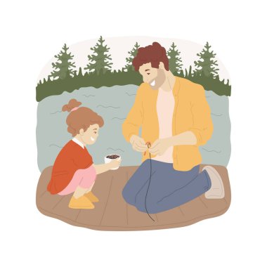 Canlı yem izole edilmiş çizgi film vektör çizimi. Adam canlı kancayı takıyor, çocuk solucanlarla dolu bir kutuyu tutuyor, baba oğul birlikte balık tutuyor, gölde aile tatili, yaşam tarzı vektör karikatürü..