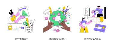 Yaratıcı sanatlar, soyut konsept vektör çizimi seti. DIY projesi, el yapımı tasarımı dekorasyon, dikiş dersleri, el işi hobisi, çevrimiçi video eğitimi, tatil dekorasyonu, örgü soyut metaforu.