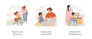 Children with disabilities self-care skills isolated cartoon vector illustration set. Hygiene and grooming, independent eating skills, independent housekeeping, inclusive daycare vector cartoon.