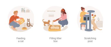 Cat owner routine isolated cartoon vector illustration set. Feeding a cat, pouring dry food in bowl, filling litter box, filler into toilet tray, scratching post, daily routine vector cartoon.
