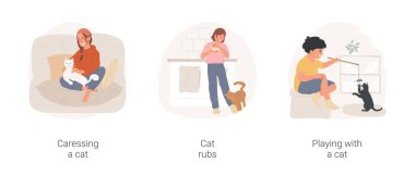 Love your cat isolated cartoon vector illustration set. Family member caressing fluffy pet, cat rubs, child playing with a toy mouse with kitten, domestic animal accessories vector cartoon.
