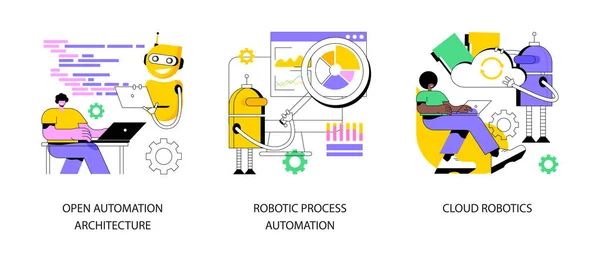 Yapay zeka tabanlı yazılım soyut konsept vektör çizimi seti. Otomasyon mimarisini aç, robot işlem otomasyonu, bulut yapay zekası, uzaktan makine öğrenme soyut metaforu.