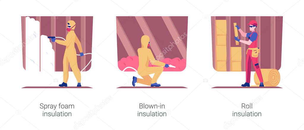 Private house insulation isolated concept vector illustration set. Spray foam insulation, blown-in insulation material, glass wool roll, residential area construction vector cartoon.
