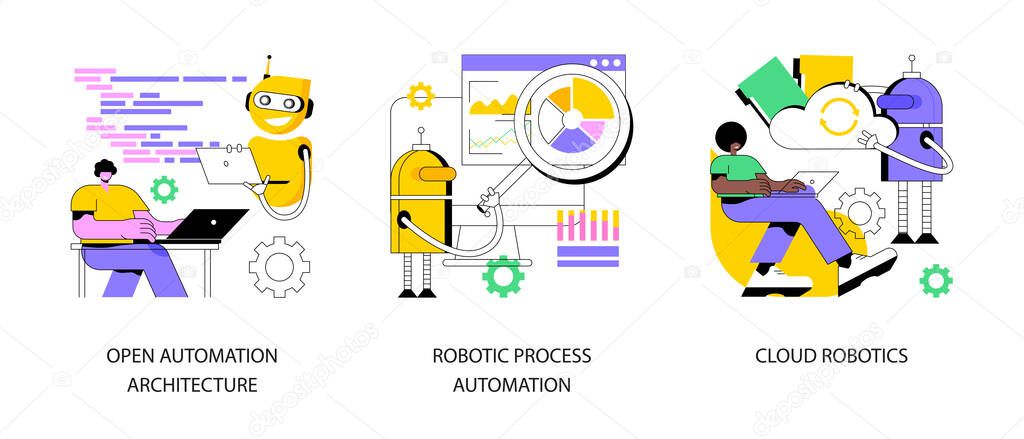 AI-based software abstract concept vector illustration set. Open automation architecture, robotic process automation, cloud artificial intelligence, remote machine learning abstract metaphor.