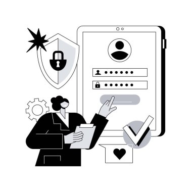 Kayıt soyut konsept vektör çizimi. Kayıt sayfası, isim ve parola alanı, form, menü çubuğu, şirket web sitesi, hesap oluşturma, kullanıcı bilgisi soyut metaforu.