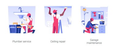 Emlak bakım hizmetleri konsept vektör çizimi seti. Tesisat, tavan onarımı, garaj bakımı, kanalizasyon yenilemesi, depolama rafları vektör karikatürü yükle.