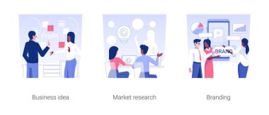 Başlangıçta izole edilmiş konsept vektör çizim seti. İş fikri, piyasa araştırması, marka ve marka yaratmak, başlangıç yatırım stratejisi ve finansmanı, rakip vektör karikatürünü analiz etmek.