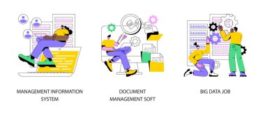 Bilgi toplama ve soyut konsept vektör çizimi seti. Yönetim bilgi sistemi, belge yönetimi yumuşak, büyük veri işi, çevrimiçi paylaşım, görselleştirme soyut metafor.