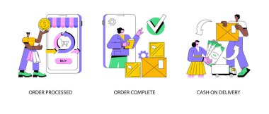 Satın alma süreci soyut konsept vektör çizimi seti. Sipariş işlendi, tamamlandı, teslimatta nakit, çevrimiçi mağaza, e-ticaret web sitesi, nakliye detayları, dağıtım hizmeti soyut metaforu.