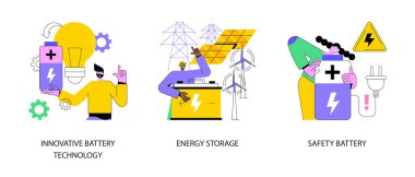 Akümülatör bataryası soyut konsept vektör illüstrasyon seti kullanır. Yenilikçi pil teknolojisi, enerji depolama, güvenli enerji aygıtı, elektrik gücü, çevre dostu hızlı soyut metafor.