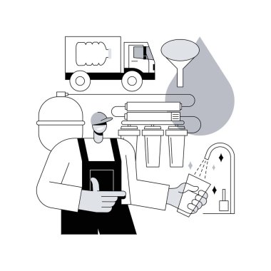 Su filtreleme sistemi soyut konsept vektör çizimi. Su filtreleme yenilikçi çözüm, ev tedavi sistemi, içme suyu dağıtım servisi, tüm ev filtreleme soyut metaforu.