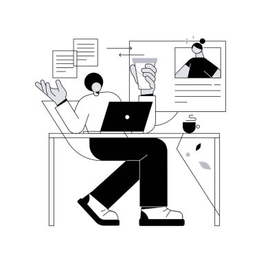 Mesafe soyut konsept vektör illüstrasyonunda çalışıyor. Mesafe ofisi, evden çalışma, uzak iş imkanı, iletişim teknolojisi, online takım toplantısı, dijital göçebe soyut metaforu.