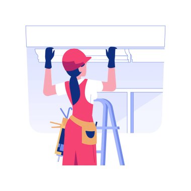 Duvarı yalıtılmış konsept vektör illüstrasyonuna alın. Üniformalı tamirci, kartonpiyer döşeme, döşeme tahtaları, konut inşaatı, iç işleri vektör konsepti kuruyor..