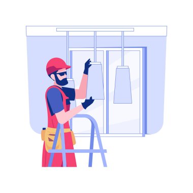 Işık kurulumu izole edilmiş konsept vektör çizimi. Yerli elektrikçi yeni bir eve lambalar yerleştiriyor, konut inşaatı, özel ev binası, iç mekan çalışma konsepti.