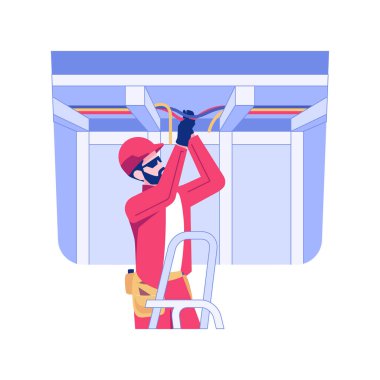 Elektrik kabloları izole edilmiş konsept vektör çizimi. Elektrikçi yeni bir eve kablo döşedi, konut alanı inşaatı, inşaat süreci, kamu hizmetleri altyapı konsepti.