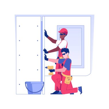 Drywall hanging isolated concept vector illustration. Group of professional builders hanging a drywall, residential area construction, renovation process, contractors job vector concept.